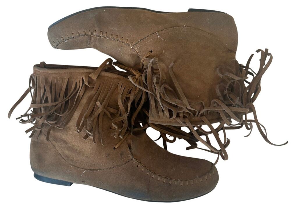 Brown Western Ankle Bootie SIZE 9 Boho Cowgirl Suede Leather Fringe Moccasins